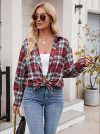 Thumbnail for Mandy Pocketed Plaid Collared Neck Long Sleeve Shirt