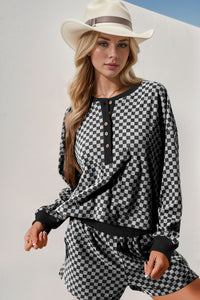 Thumbnail for Double Take Checkered Half Button Top and Shorts Set