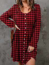 Thumbnail for Double Take Full Size Plaid Round Neck Long Sleeve Magic Dress