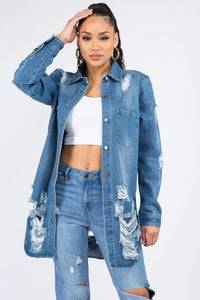 Thumbnail for American Bazi Distressed Button Down Denim Shirt Jacket