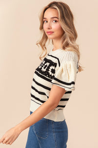 Thumbnail for BiBi Granny Square Short Sleeve Striped Sweater