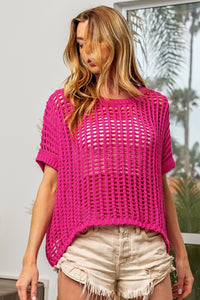 Thumbnail for BiBi Round Neck Short Sleeve Openwork Knit Cover Up