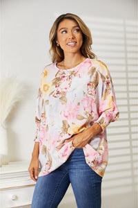 Thumbnail for Double Take Floral Round Neck Three-Quarter Sleeve Top