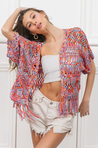 Thumbnail for BiBi Open Front Fringed Crop Knit Cardigan