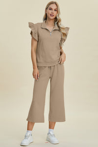 Thumbnail for Double Take Full Size Texture Ruffle Short Sleeve Top and Wide Leg Pants Set