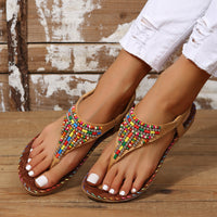 Thumbnail for PU Leather Beaded Flat Sandals