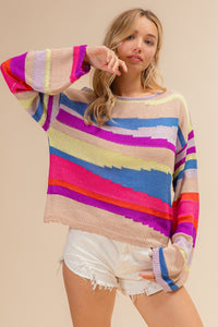 Thumbnail for BiBi Multi Color Geometric Stripe Sweater