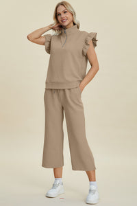 Thumbnail for Double Take Full Size Texture Ruffle Short Sleeve Top and Wide Leg Pants Set