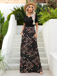 Thumbnail for Printed Round Neck Short Sleeve Maxi Dress