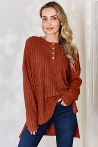 Thumbnail for Basic Bae Full Size Ribbed Half Button Long Sleeve High-Low T-Shirt