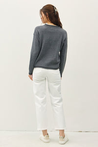 Thumbnail for Be Cool Striped Trim Round Neck Long Sleeve Sweater