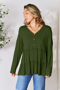 Thumbnail for Double Take Half Button Long Sleeve Ruffle Hem Blouse