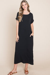 Thumbnail for BOMBOM Round Neck Short Sleeve Midi Dress with Pockets