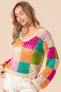 Thumbnail for BiBi Multi Color Checkered Long Sleeve Knit Top