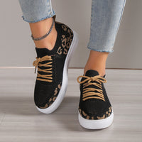 Thumbnail for Lace-Up Leopard Flat Sneakers