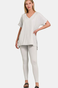 Thumbnail for Zenana V-Neck Rolled Short Sleeve T-Shirt and Leggings Lounge Set