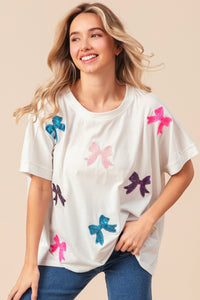 Thumbnail for BiBi Sequin Bow Patch Short Sleeve T-Shirt