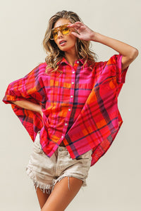 Thumbnail for BiBi Button Up Dolman Sleeve Plaid Shirt