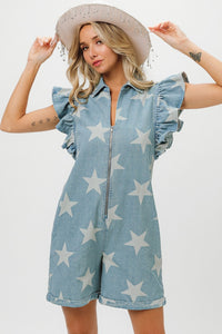 Thumbnail for BiBi Ruffled Star Half Zip Denim Romper