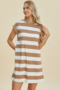 Thumbnail for Basic Bae Full Size Striped Round Neck Cap Sleeve Mini Dress