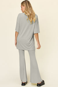 Thumbnail for Double Take Full Size Round Neck Drop Shoulder T-Shirt and Flare Pants Set