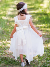 Thumbnail for Girl Dresses Summer Dress Lace Flower Sleeveless Casual A-Line Asymmetrical Flowy Maxi Dress Boho Dresses Flower Girl Dress Wedding Party for Toddler Child 1-7 Years, White, 3-4Y