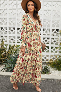 Thumbnail for Floral Frill Trim Flounce Sleeve Plunge Maxi Dress