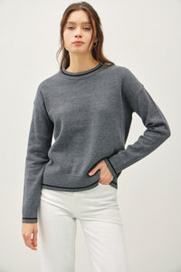 Thumbnail for Be Cool Striped Trim Round Neck Long Sleeve Sweater