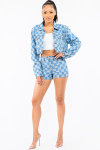 Thumbnail for American Bazi Checkered Long Sleeve Cropped Denim Jacket