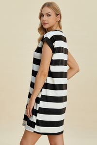 Thumbnail for Basic Bae Full Size Striped Round Neck Cap Sleeve Mini Dress