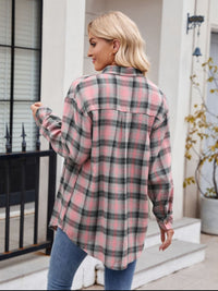 Thumbnail for Mandy Pocketed Plaid Collared Neck Long Sleeve Shirt