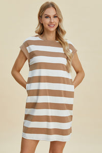 Thumbnail for Basic Bae Full Size Striped Round Neck Cap Sleeve Mini Dress