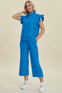 Thumbnail for Double Take Full Size Texture Ruffle Short Sleeve Top and Wide Leg Pants Set