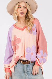 Thumbnail for SAGE + FIG Full Size Daisy Applique Patch Color Block Long Sleeve Top