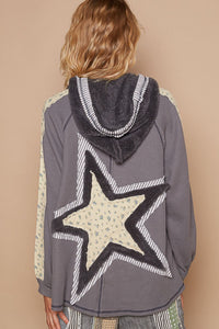 Thumbnail for POL Half Zip Up Fleece Mix Back Star Patch Hoodie