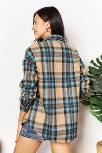 Thumbnail for Double Take Plaid Curved Hem Shirt Jacket with Breast Pockets