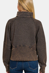 Thumbnail for Zenana Acid Washed Half Zip Fleece Sweatshirt