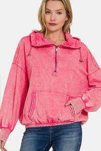 Thumbnail for Zenana Drawstring Half Zip Dropped Shoulder Hoodie