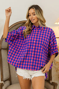 Thumbnail for BiBi Plaid Button Up Dolman Sleeve Shirt