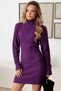 Thumbnail for Cable Pattern High Neck Long Sleeve Sweater Dress