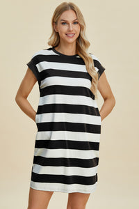 Thumbnail for Basic Bae Full Size Striped Round Neck Cap Sleeve Mini Dress