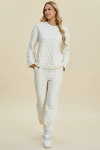 Thumbnail for Double Take Full Size Texture Round Neck Long Sleeve Top and Pants Set