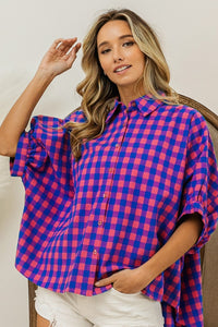 Thumbnail for BiBi Plaid Button Up Dolman Sleeve Shirt