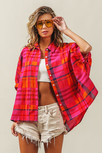 Thumbnail for BiBi Button Up Dolman Sleeve Plaid Shirt