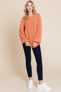 Thumbnail for BOMBOM Long Sleeve Curved Hem Ribbed T-Shirt