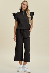 Thumbnail for Double Take Full Size Texture Ruffle Short Sleeve Top and Wide Leg Pants Set