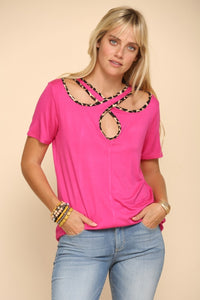 Thumbnail for Celeste Full Size Crisscross Cutout Leopard Contrast Trim T-Shirt