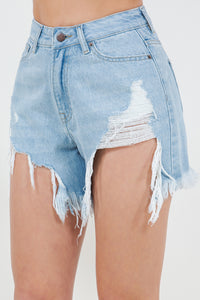 Thumbnail for American Bazi High Waist Fringed Hem Denim Shorts