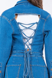 Thumbnail for American Bazi Laced Back Cropped Denim Jacket