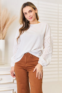 Thumbnail for Shiny Eyelet Dropped Shoulder Round Neck Blouse